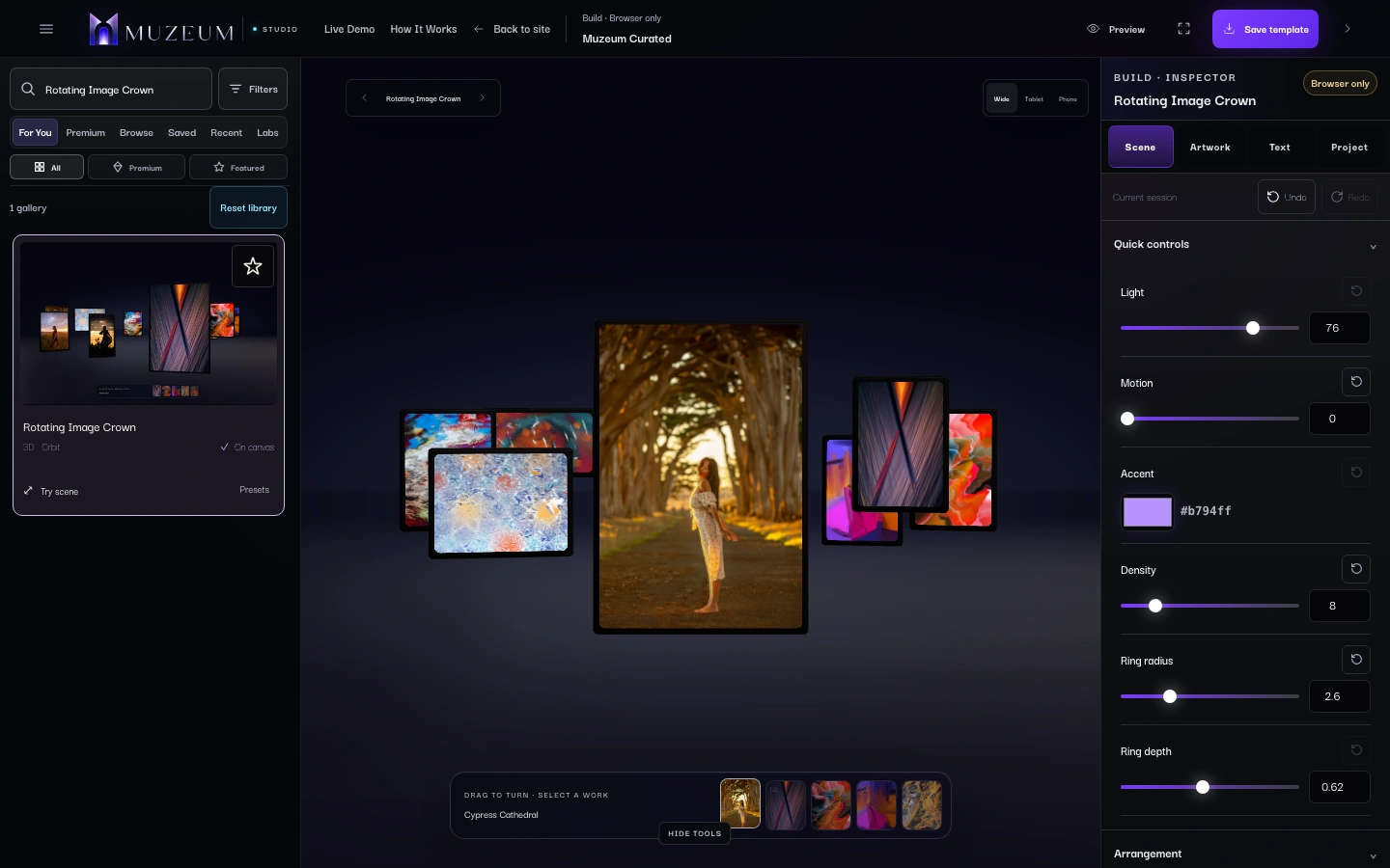 The real MUZEUM Studio with its scene library, artwork canvas and editing controls
