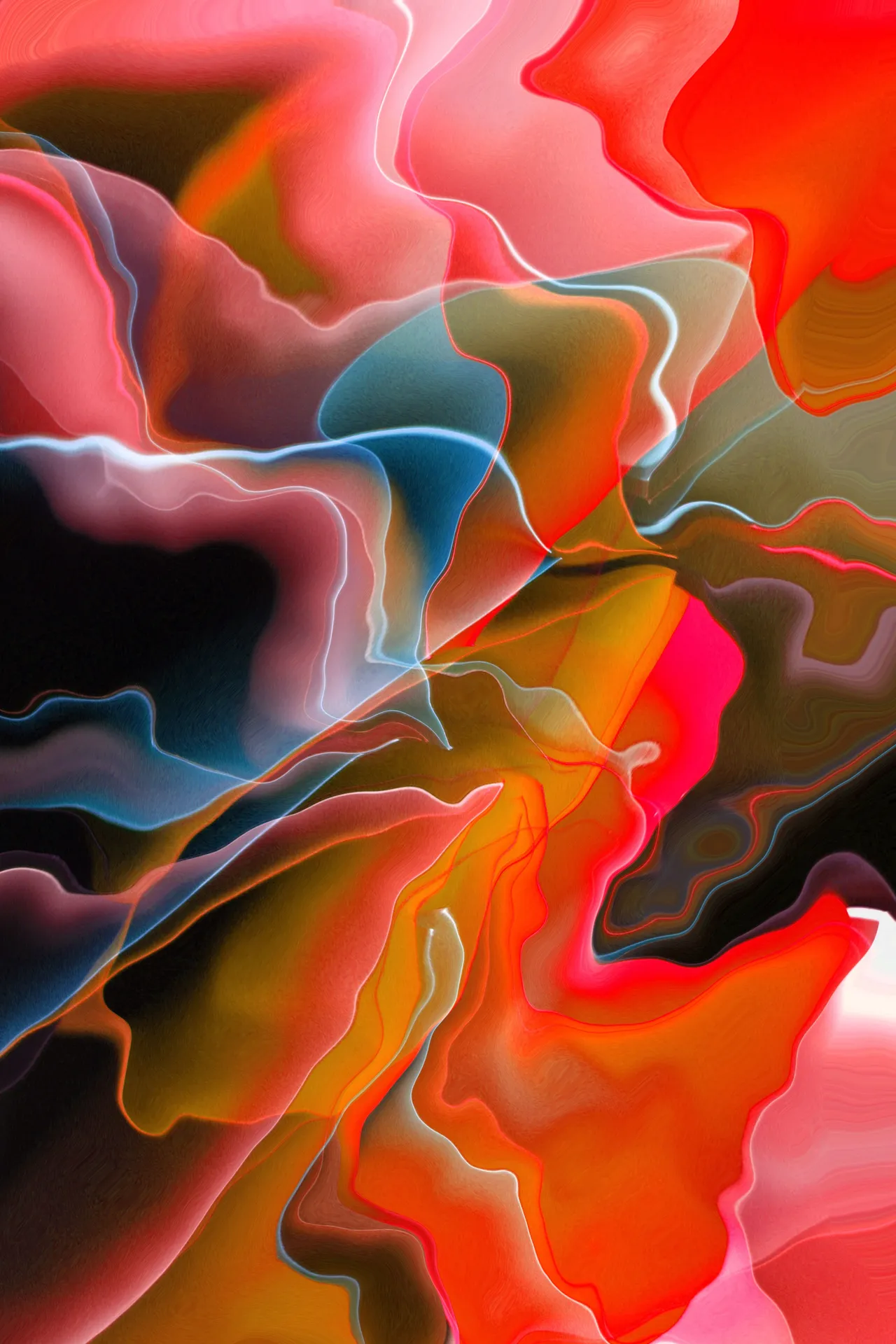 Vermilion, coral, and teal pigments fold into silken waves that surge diagonally across a dark ground.