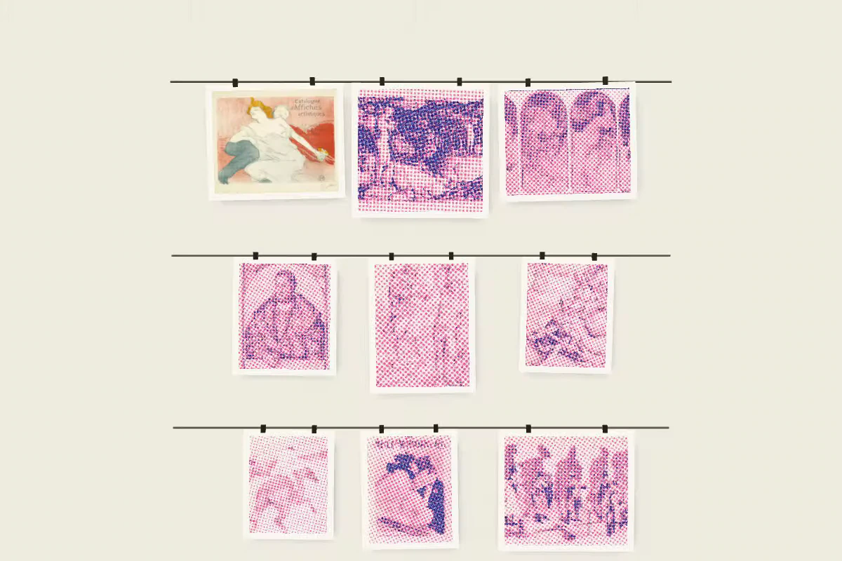 Two-ink risograph proofs pinned to a warm paper wall on a drying rack