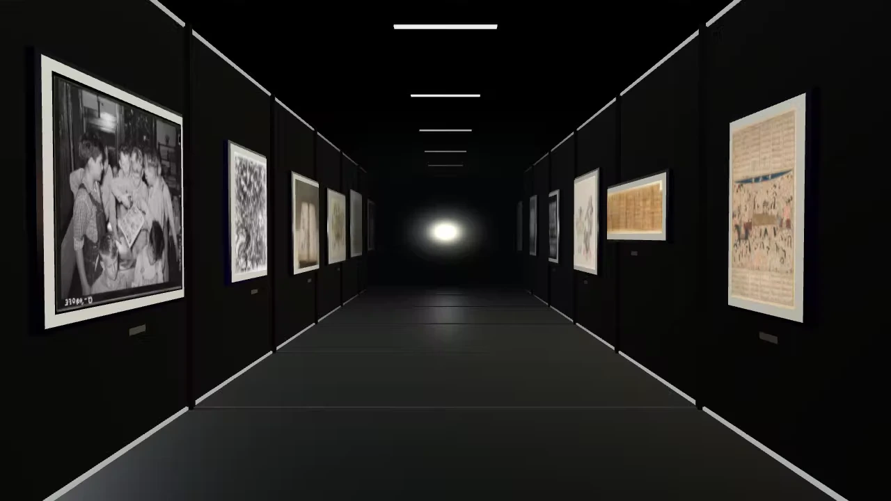 A lit corridor hung with illustrated manuscript panels receding toward a distant glow